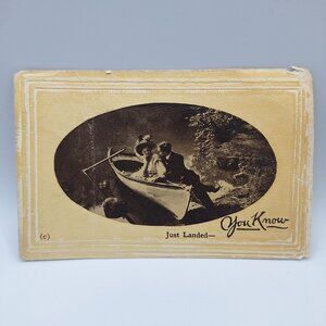 P J Plant 1910 Postcard Just Landed Rowboat Romance Antique Collectible Soo Mich